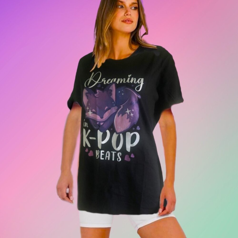 K-POP Sleeping Fox Cozy Sleepwear Short Sleeve Black Cotton T-Shirt Sz M
